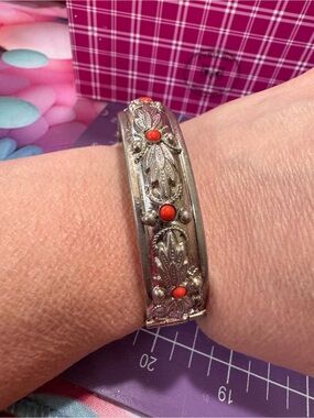 Vintage Sterling-Style Silver toned  Bangle Bracelet with Coral Accent stones